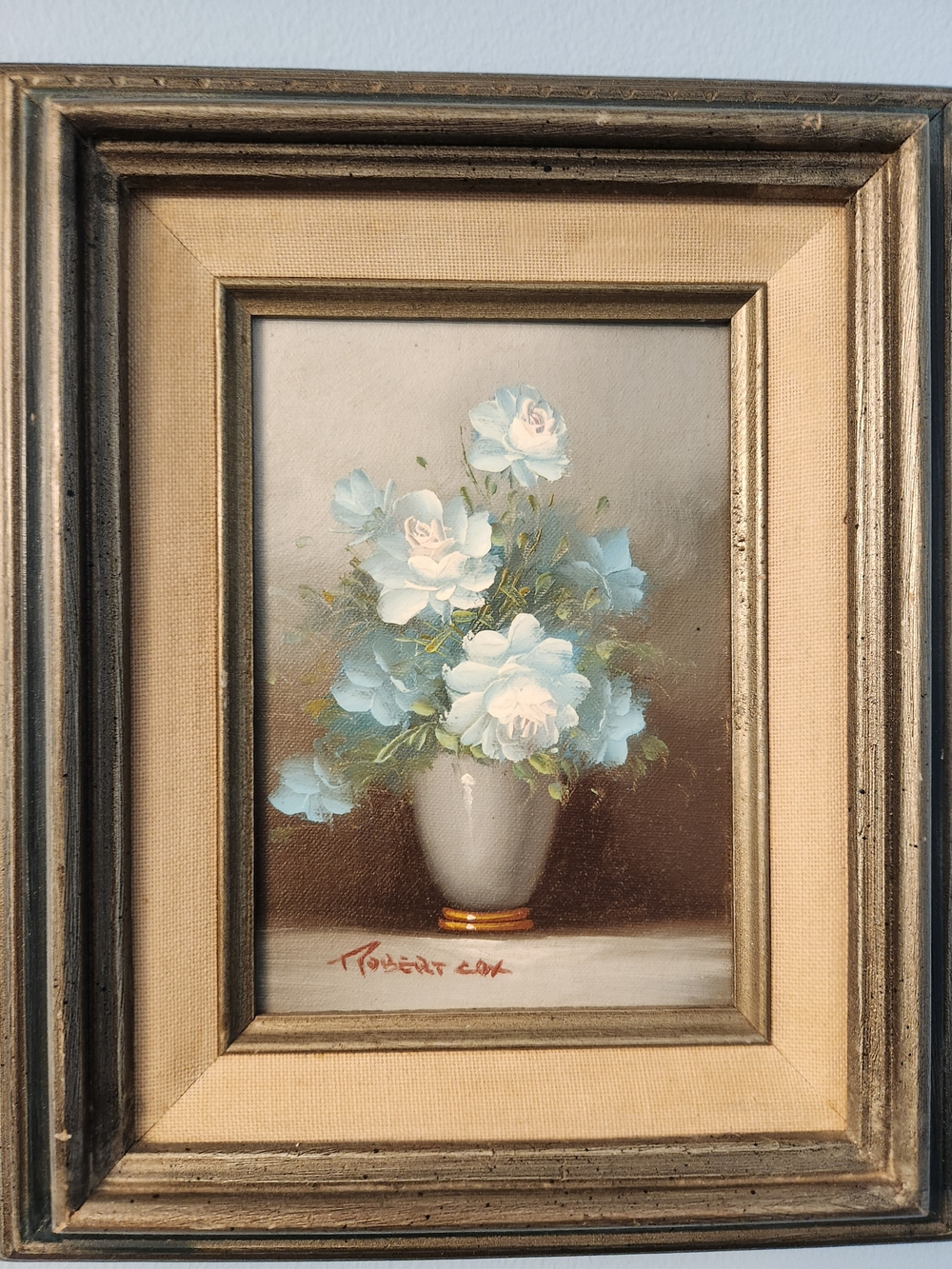 Robert Cox Signed Blue Rose Bouquet Oil Painting in Gold-Trim Frame